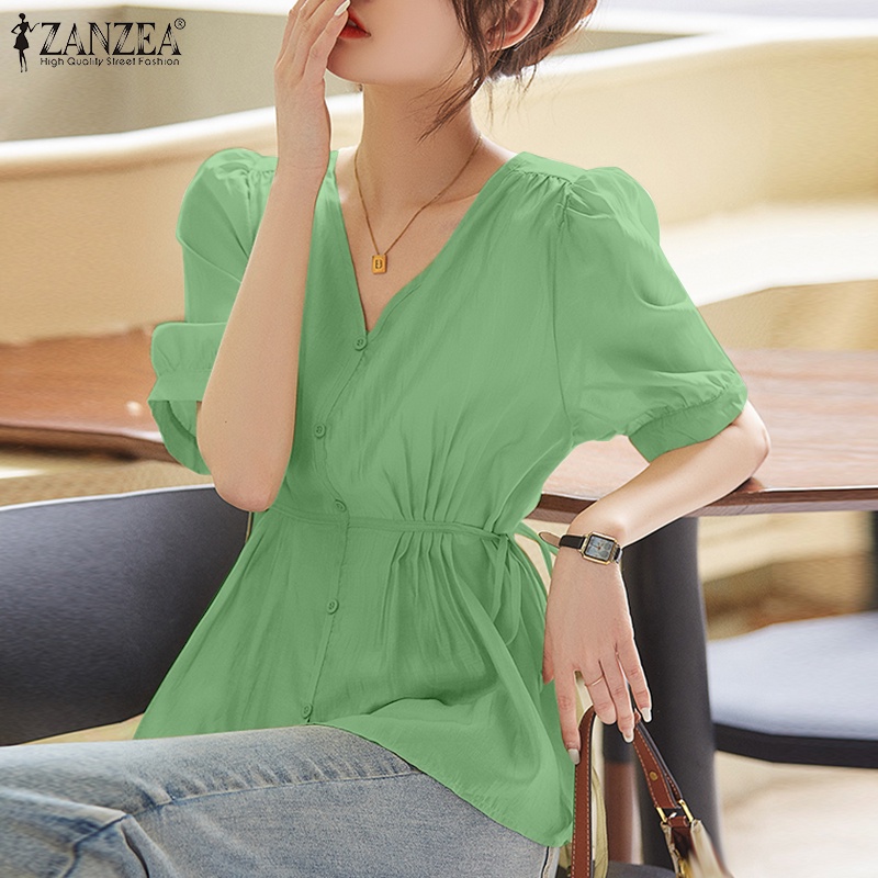 ZANZEA Áo Kiểu Tay Phồng Ngắn Cổ Chữ V Xếp Ly Dành Cho Nữ