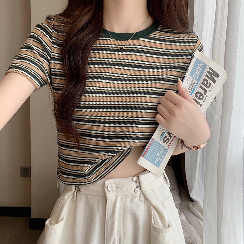 SUXI Áo Thun Ngắn Tay Cổ Tròn Họa Tiết Kẻ Sọc Phong Cách Vintage