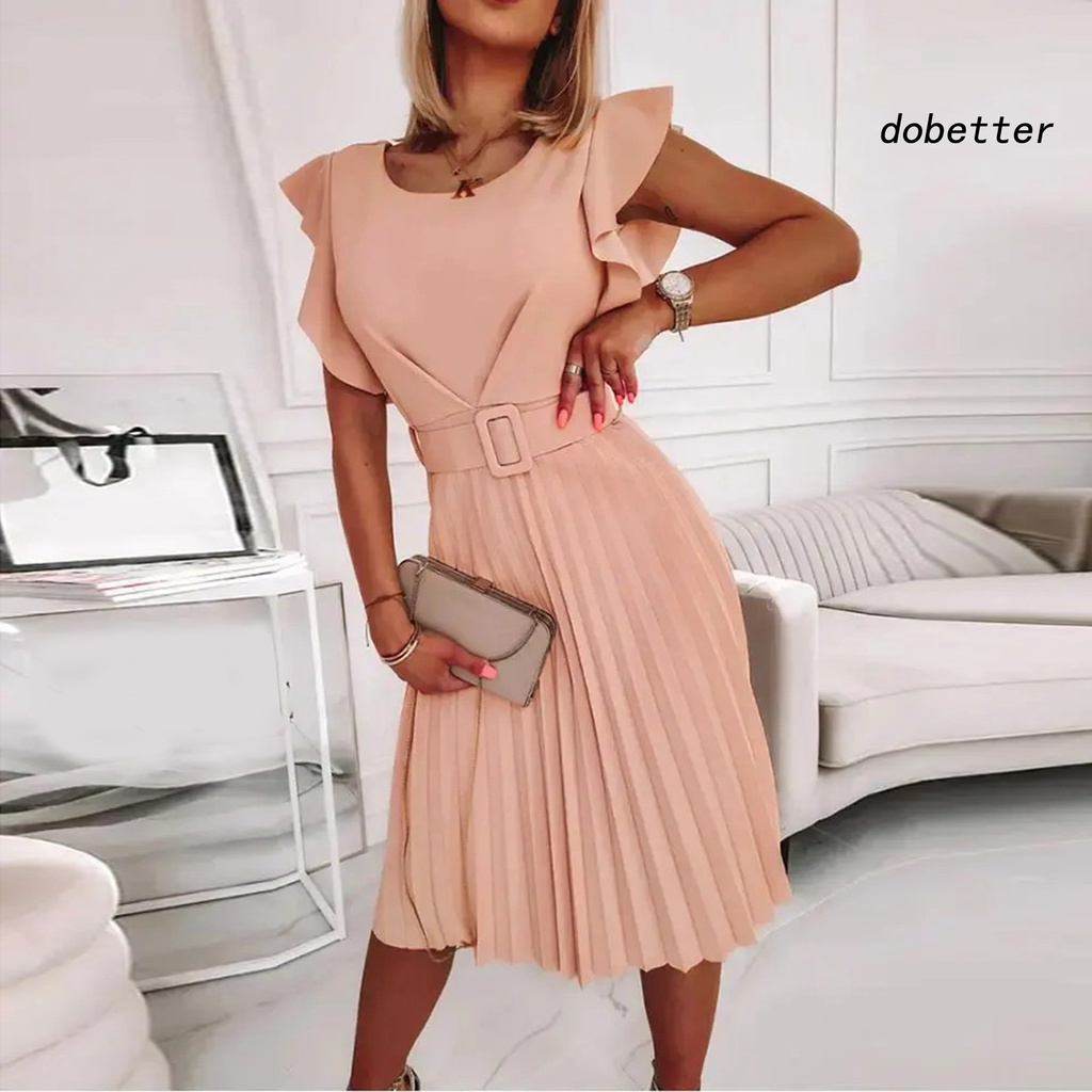 Đầm Midi Tay Ngắn Cổ Tròn Màu Trơn Thời Trang Mùa Hè Xinh Xắn Cho Nữ