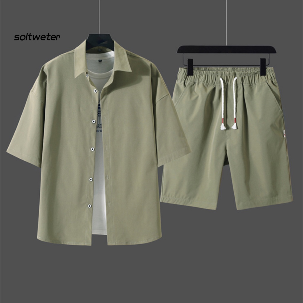 1 Bộ Áo Sơ Mi Màu Trơn Dáng Rộng + Quần Short Phong Cách Thể Thao Thời Trang Mùa Hè Cho Nam
