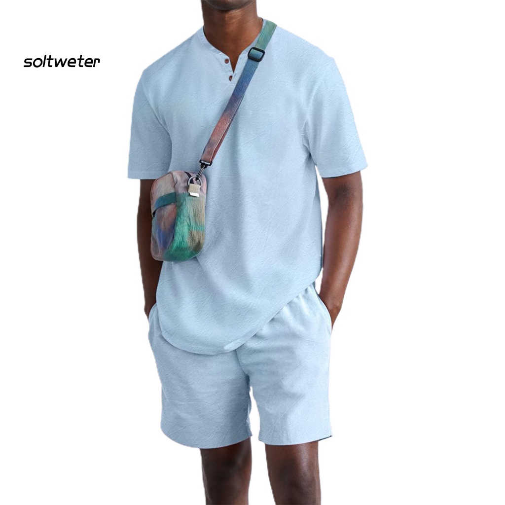 Bộ Trang Phục 2 Mảnh Gồm Áo Tay Ngắn Cổ Chữ V Màu Sắc Đơn Giản Và Quần Short Lưng Thun Thời Trang Mùa Hè Cho Nam