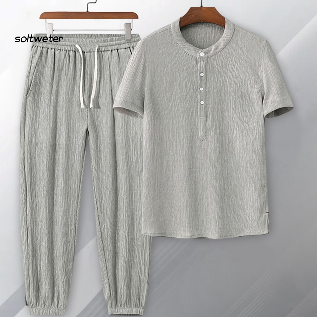 1 Bộ Áo Thun Cổ Tròn Cài Nút Màu Trơn Phối Quần Dài Lưng Thun Co Giãn Thời Trang Mùa Hè Cho Văn Phòng