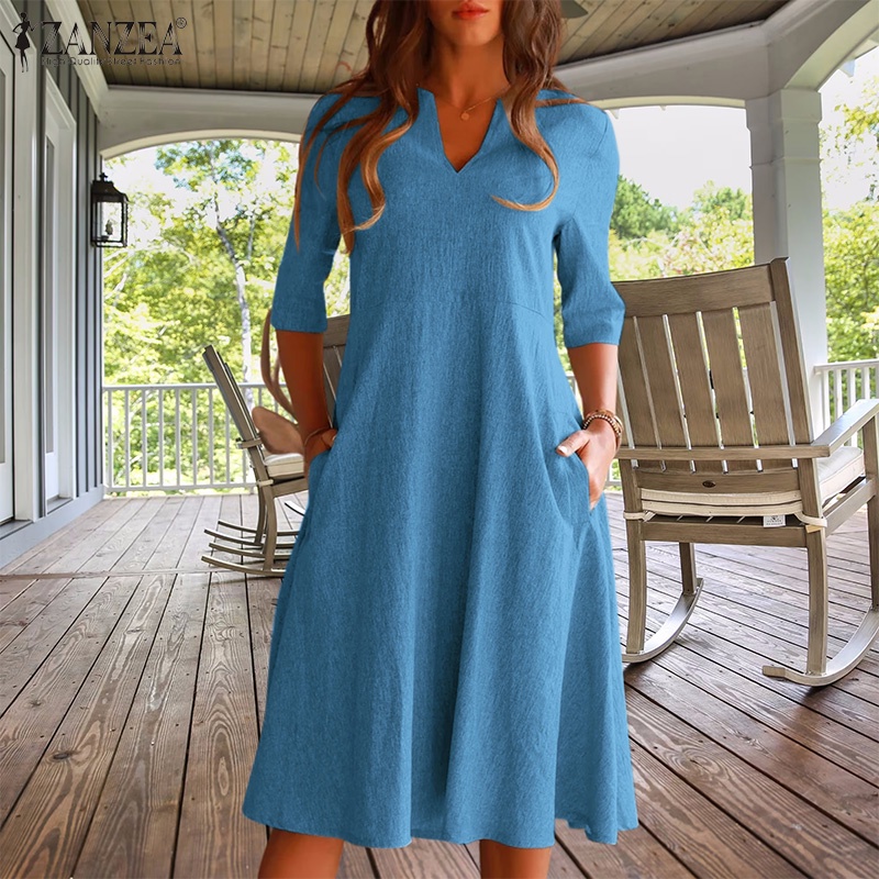 Zanzea Đầm Midi Tay Lửng Cổ Chữ V Phong Cách Vintage Nữ Tính