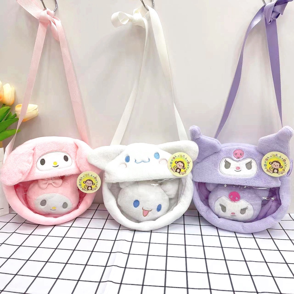 Sanrio Túi Đeo Chéo Hình Búp Bê Cinnamoroll Kuromi Nhồi Bông Mềm Mại Có Khóa Kéo Đựng Điện Thoại