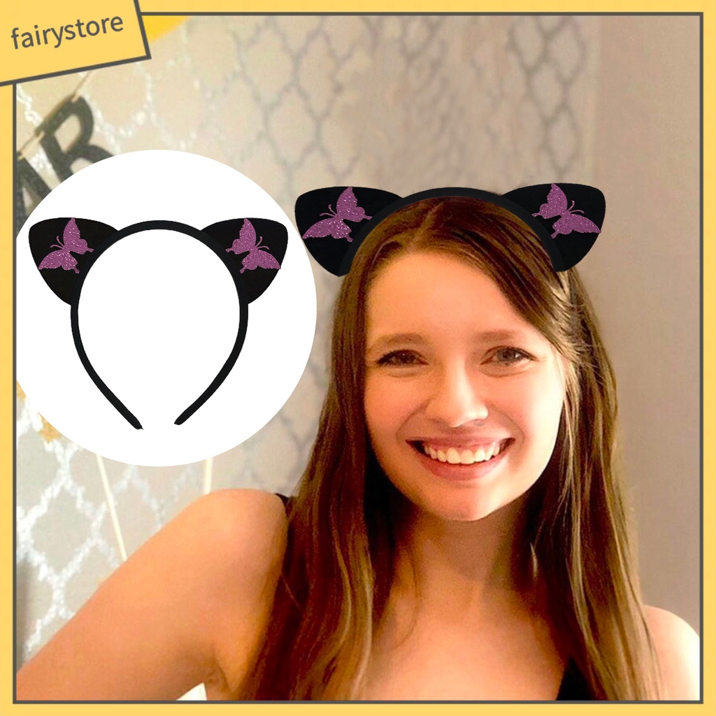 Băng Đô Tai Mèo Bằng Vải Chống Trượt In Họa Tiết Bướm Dễ Thương