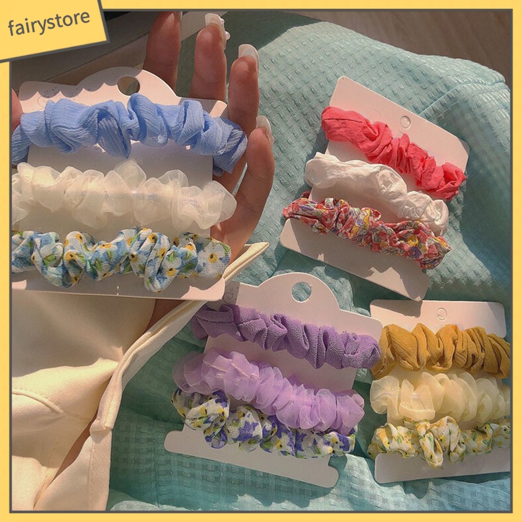 Set 3 Dây Buộc Tóc Cao Su Bọc Vải Chiffon Co Giãn In Họa Tiết Hoa Tươi Mới