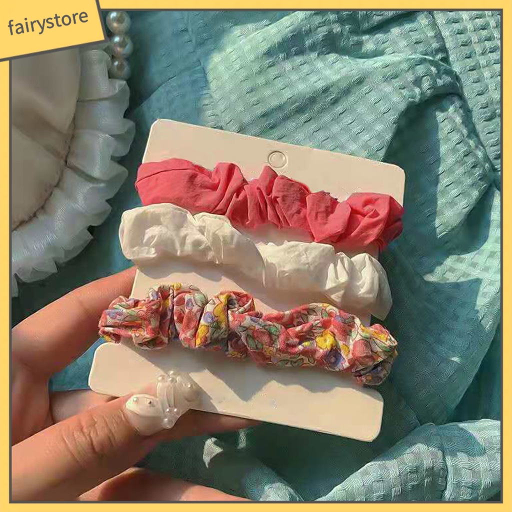 Set 3 Dây Buộc Tóc Cao Su Bọc Vải Chiffon Co Giãn In Họa Tiết Hoa Tươi Mới