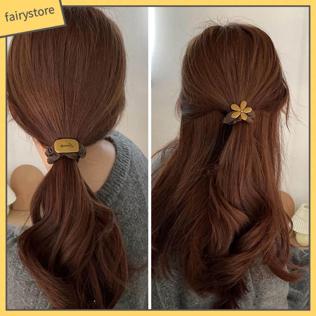 Dây Cột Tóc Co Giãn Đính Hoa Kim Loại Màu Trơn Đơn Giản Cho Nữ