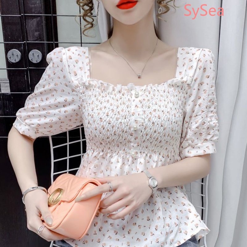 Áo Kiểu Cổ Vuông Họa Tiết Hoa Xinh Xắn Thời Trang Mùa Hè Cho Nữ