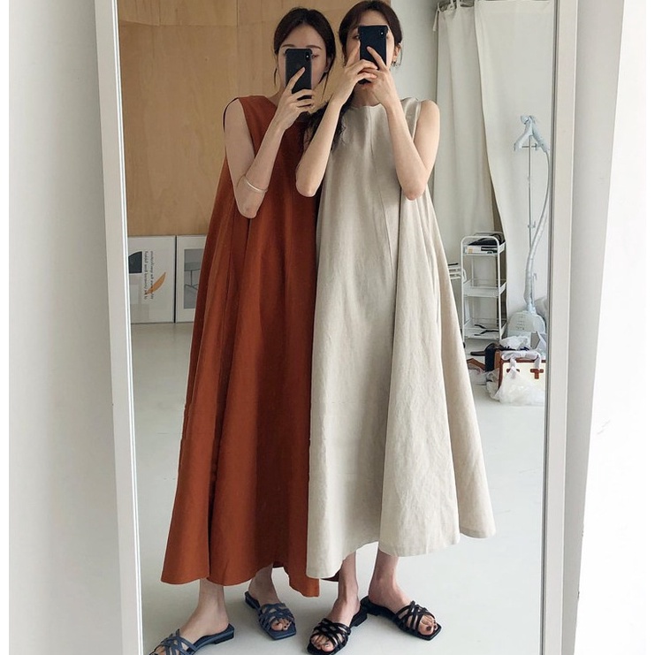Spot bí ngô sang trọng hàn quốc, lười biếng, đơn giản lớn, không tay rộng a -line vest váy dài khoe cotton và vải lanh mỏng
