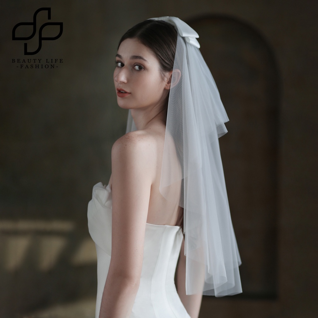 Mạng Che Mặt Đính Nơ Lưới Hai Lớp Màu Trắng Phong Cách Retro Dành Cho Cô Dâu Chụp Ảnh