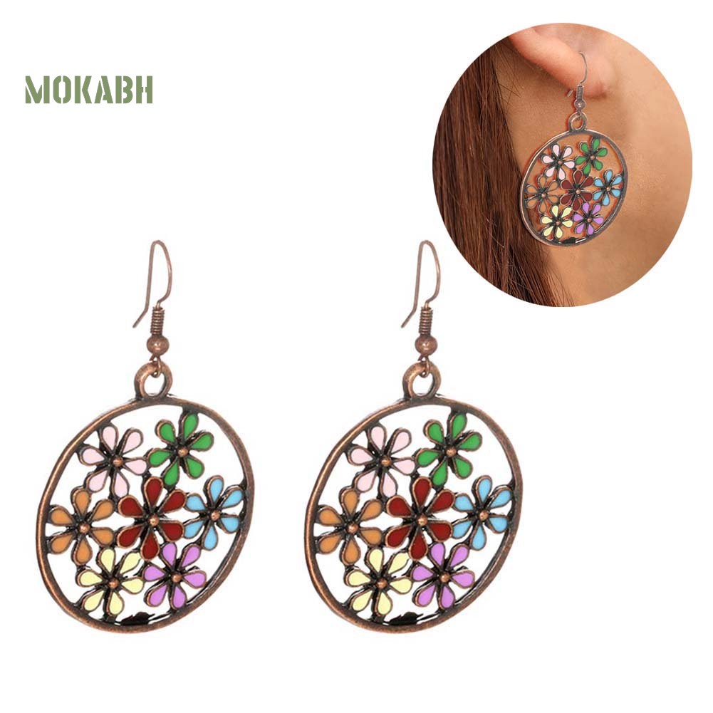 [Mok Abh] Bông Tai Tròn Họa Tiết Hình Hoa Nhiều Màu Sắc Theo Phong Cách Bohemian