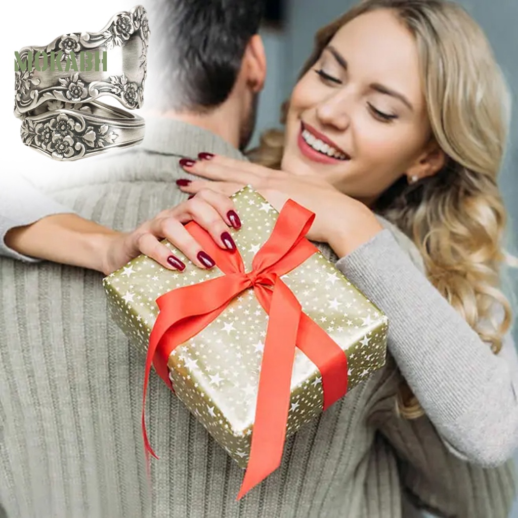 [Mok Abh] Nhẫn Dạng Mở Mạ Điện Họa Tiết Hình Học / Hoa Phong Cách Vintage Có Thể Điều Chỉnh