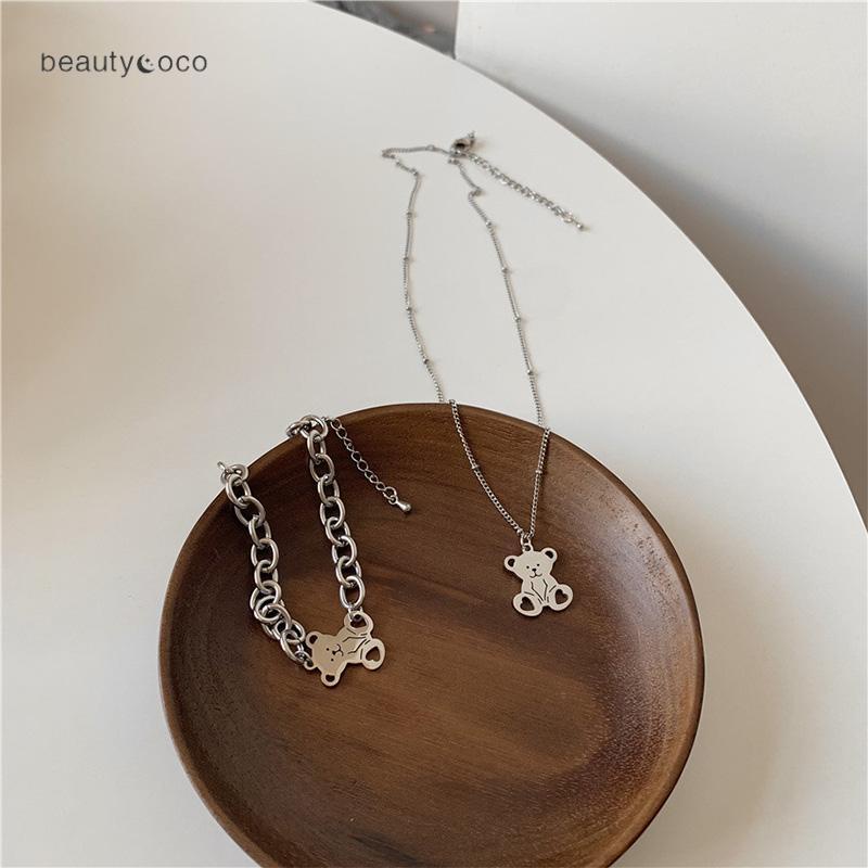 Beautycoco🍊Vòng Tay Thép Titan Màu Bạc Hình Gấu Dễ Thương Thời Trang Cho Nữ