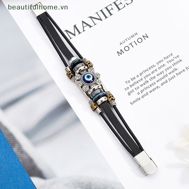 Vòng Tay Da Xỏ Hạt Nhiều Lớp Hình Mắt Quỷ May Mắn Phong Cách Punk Cho Nam Nữ