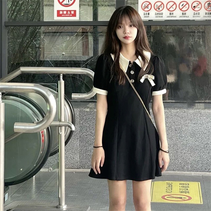 Đầm Cổ polo Màu Đen Phong Cách Pháp Thời Trang Mùa Hè 2023 Cho Nữ