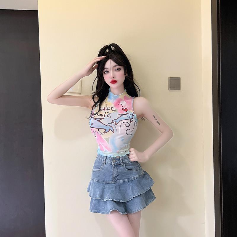 Áo Thun Không Tay Dáng Ôm Họa Tiết Hoạt Hình Nhiều Màu Sắc