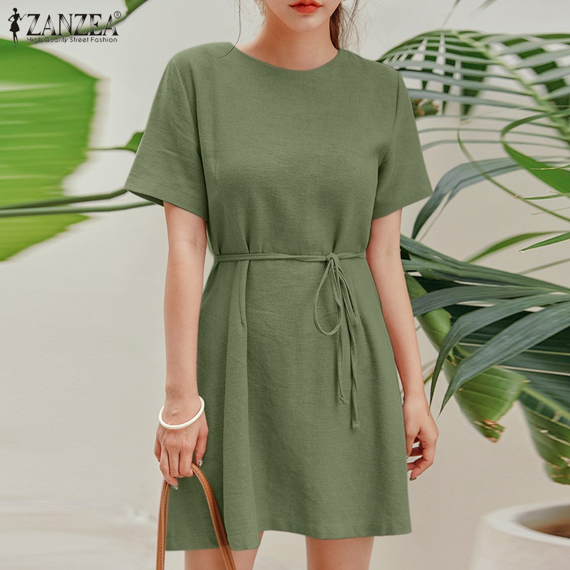 Zanzea Đầm Nữ Ngắn Tay Cổ Tròn Thời Trang Hàn