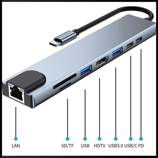 Bộ Chia Cổng Usb Type-c 8 Trong 1 Đa Năng Bằng Hợp Kim Nhôm Cho Notebook