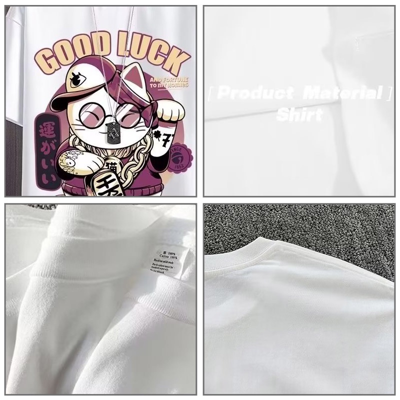 Set đồ thể thao HANLU ngắn tay dáng rộng in họa tiết mèo may mắn cho nam