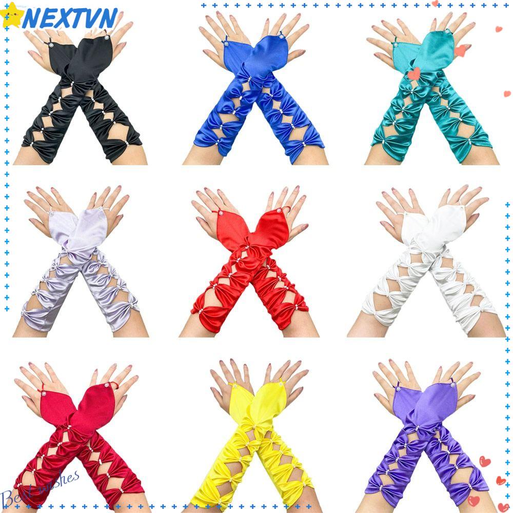 Găng Tay Cô Dâu Vải Satin Co Giãn Xếp Ly Đính Nơ Xinh Xắn