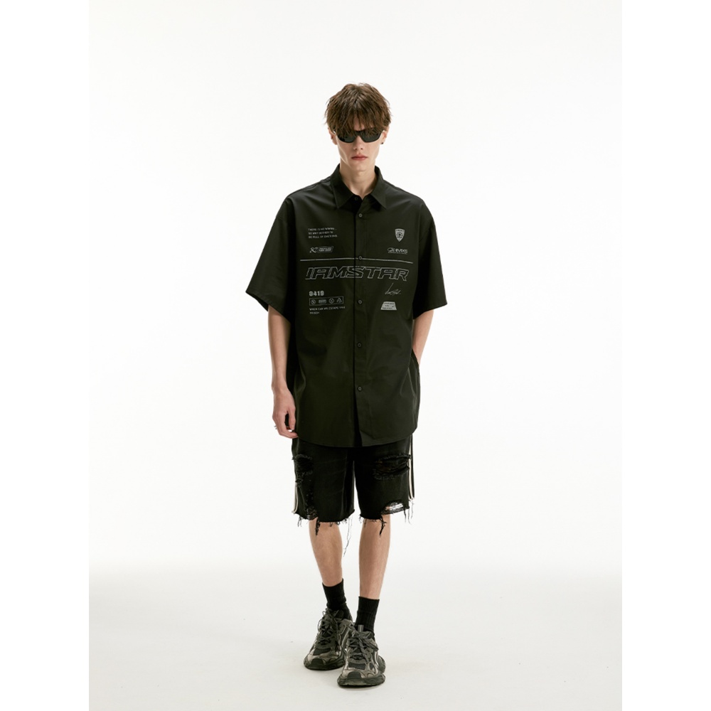 [Luhu Same Style] Áo Sơ Mi Đen Tay Ngắn In Hình Thiết Kế Xây Dựng Đường Phố Mùa Hè