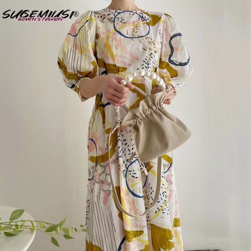 Sugemiusi Đầm Tay Phồng Xếp Ly Cổ Tròn In Họa Tiết Graffiti Phong Cách chic Hàn Quốc Thời Trang Mùa Hè