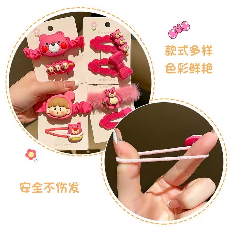 Dây Buộc Tóc Cao Su Co Giãn Hình Gấu Và Dâu Tây Dễ Thương Cho Bé Gái Set 10
