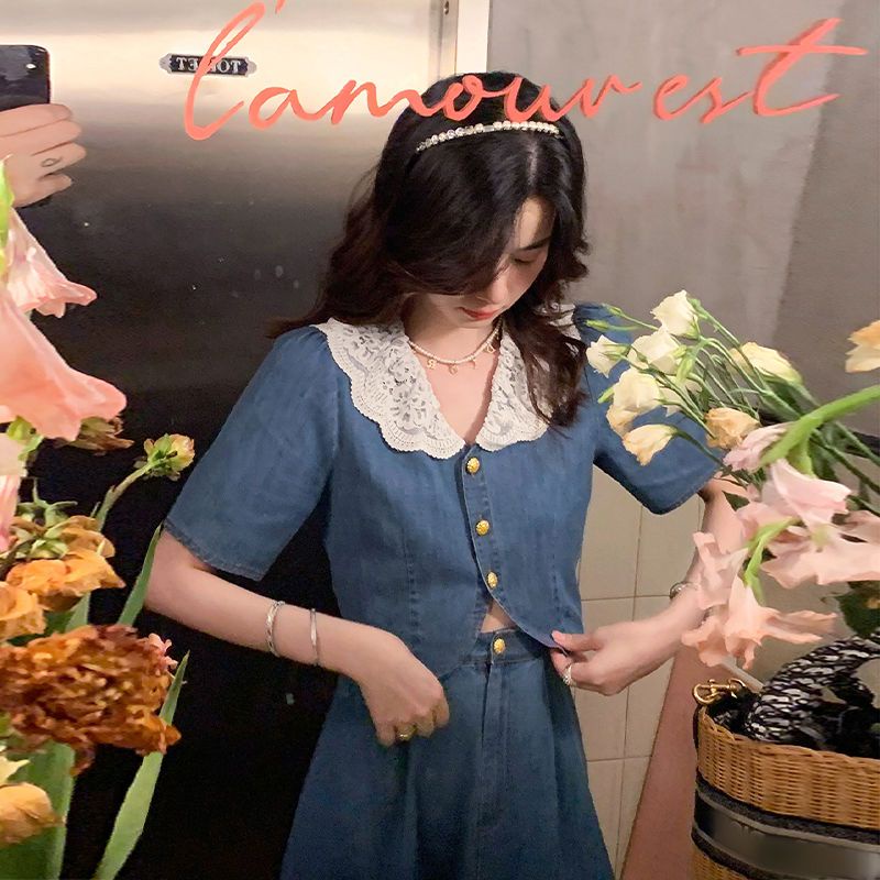 Đầm Chữ A Cổ Búp Bê Phối Ren Màu Xanh Dương Phong Cách Pháp Ngọt Ngào Thời Trang Mùa Hè Cho Nữ