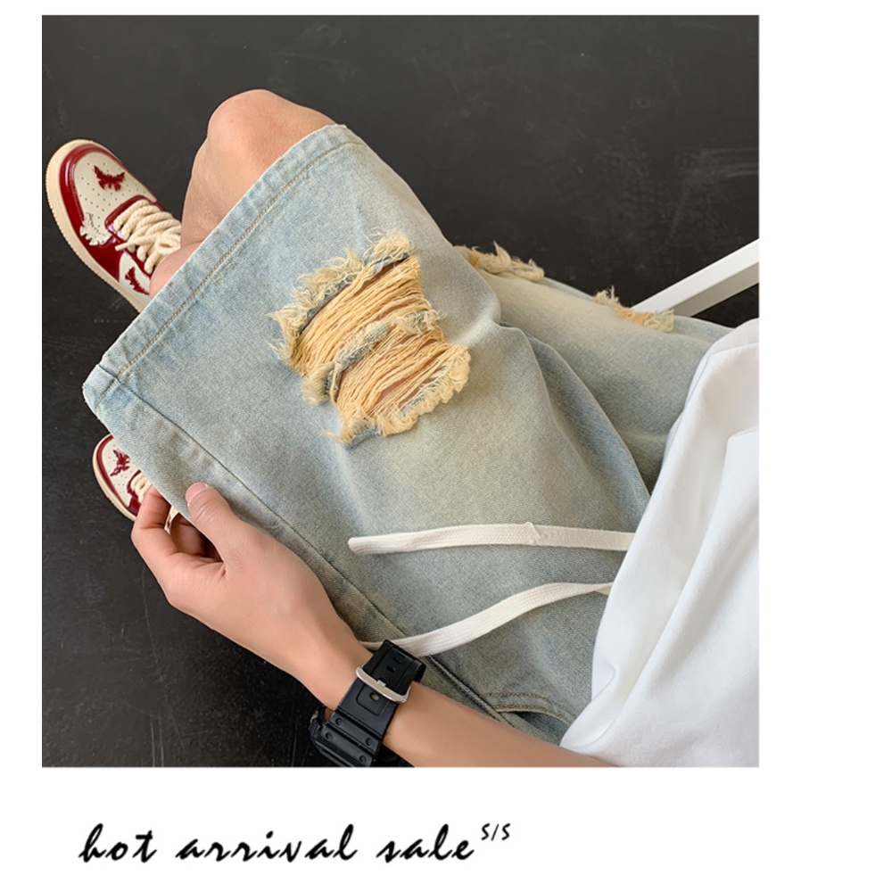 Quần Short Denim Mỏng Dáng Rộng Rách Cá Tính Phong Cách Retro Đường Phố Mỹ Cho Nam