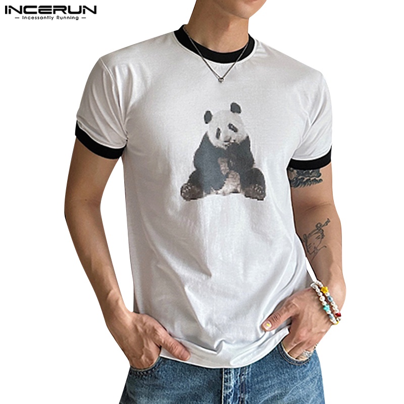 Áo thun INCERUN ngắn tay in hình gấu trúc phối màu tương phản cá tính cho nam