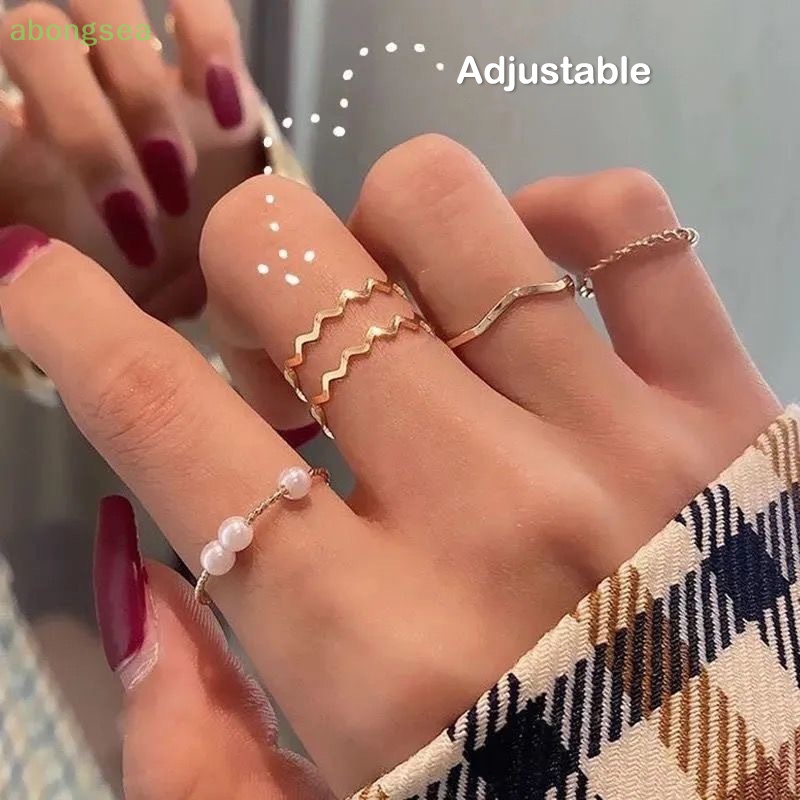 Bộ 5 Nhẫn Đeo Tay Đính Ngọc Trai Kiểu Hàn Quốc Đơn Giản Thời Trang Cho Nữ