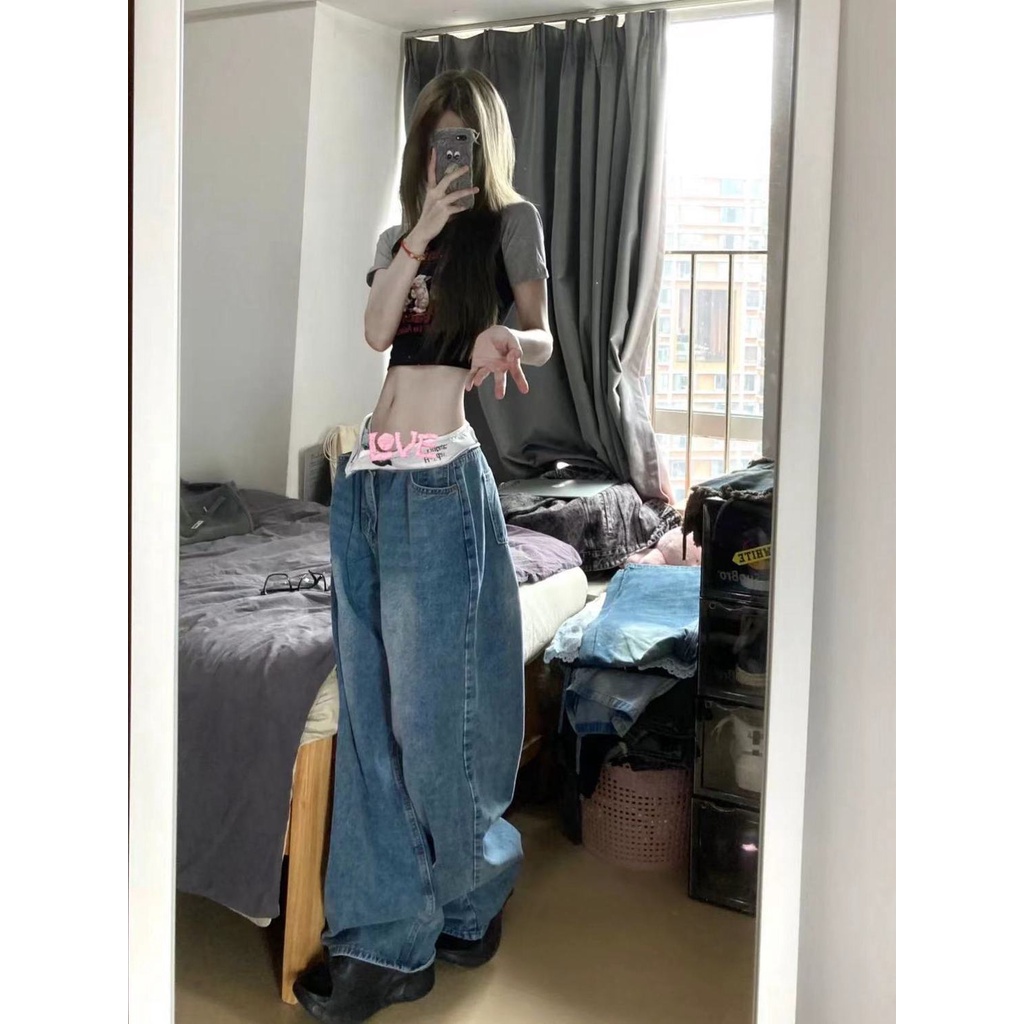 Quần Jeans Dài Ống Rộng Thời Trang Retro Cho Nữ