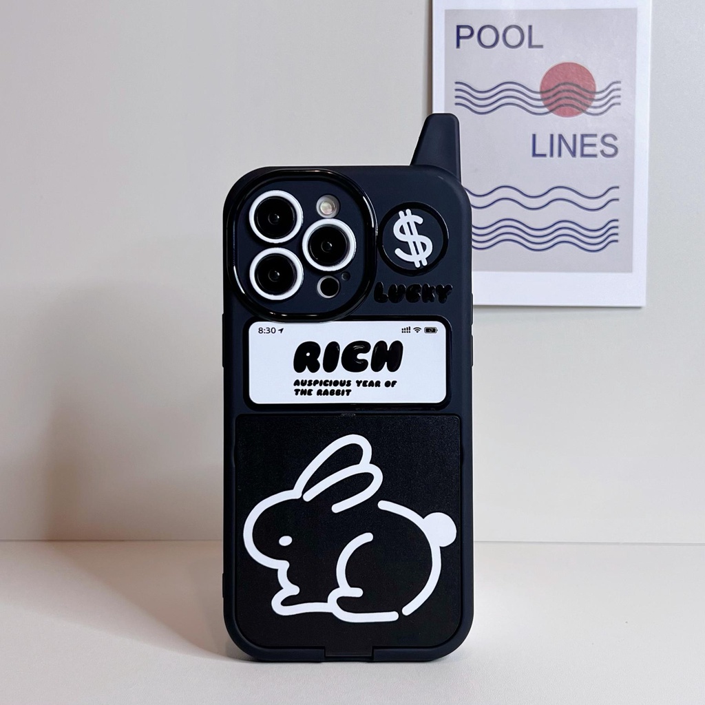Ốp Điện Thoại tpu Dẻo Nắp Gập Tráng Gương Họa Tiết Chú Thỏ Đen Cổ Điển Cho iPhone 14 13 12 11 Pro Max