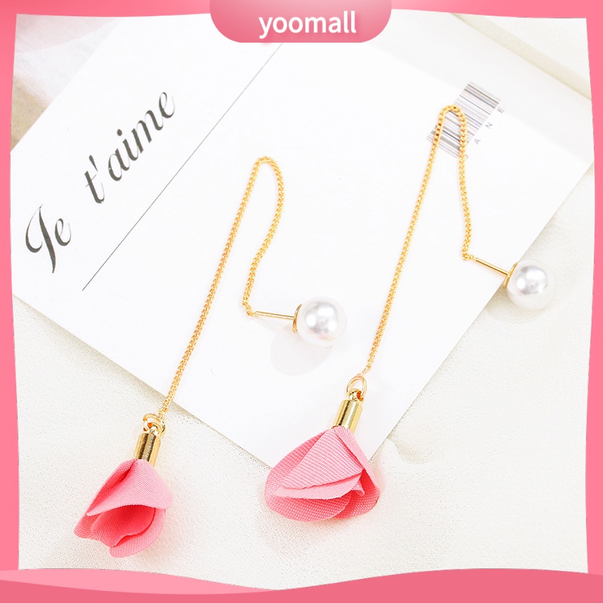 Bông Tai Dáng Dài Hình Hoa Hồng Đính Ngọc Trai Thanh Lịch Thời Trang Cho Nữ