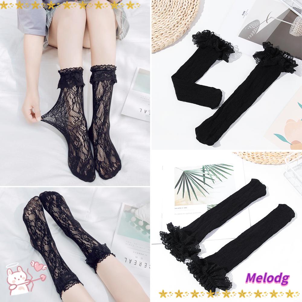 MELODG Vớ Nylon Co Giãn Cao Qua Gối Phối Ren Đính Nơ Dành Cho Bé Gái