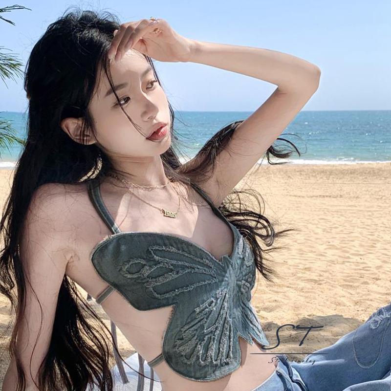 Áo Croptop Không Tay Hở Lưng Cột Dây Hình Bướm 3D Màu Xanh Dương CY03 Cho Nữ