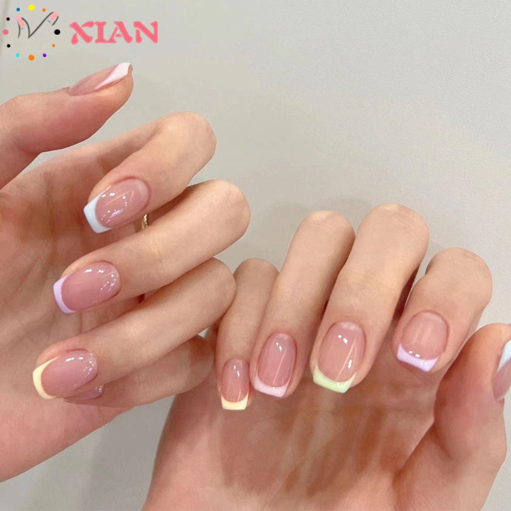 XIANTIN Set 24 Móng Tay Giả Viền Lượn Sóng Nhiều Màu Sắc Phong Cách Pháp