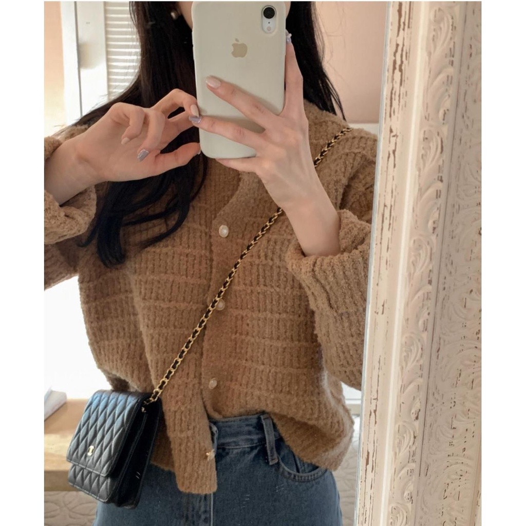 Áo Cardigan Dệt Kim Cổ Tròn Màu Hồng Phong Cách Thời Trang Hàn Quốc Mới