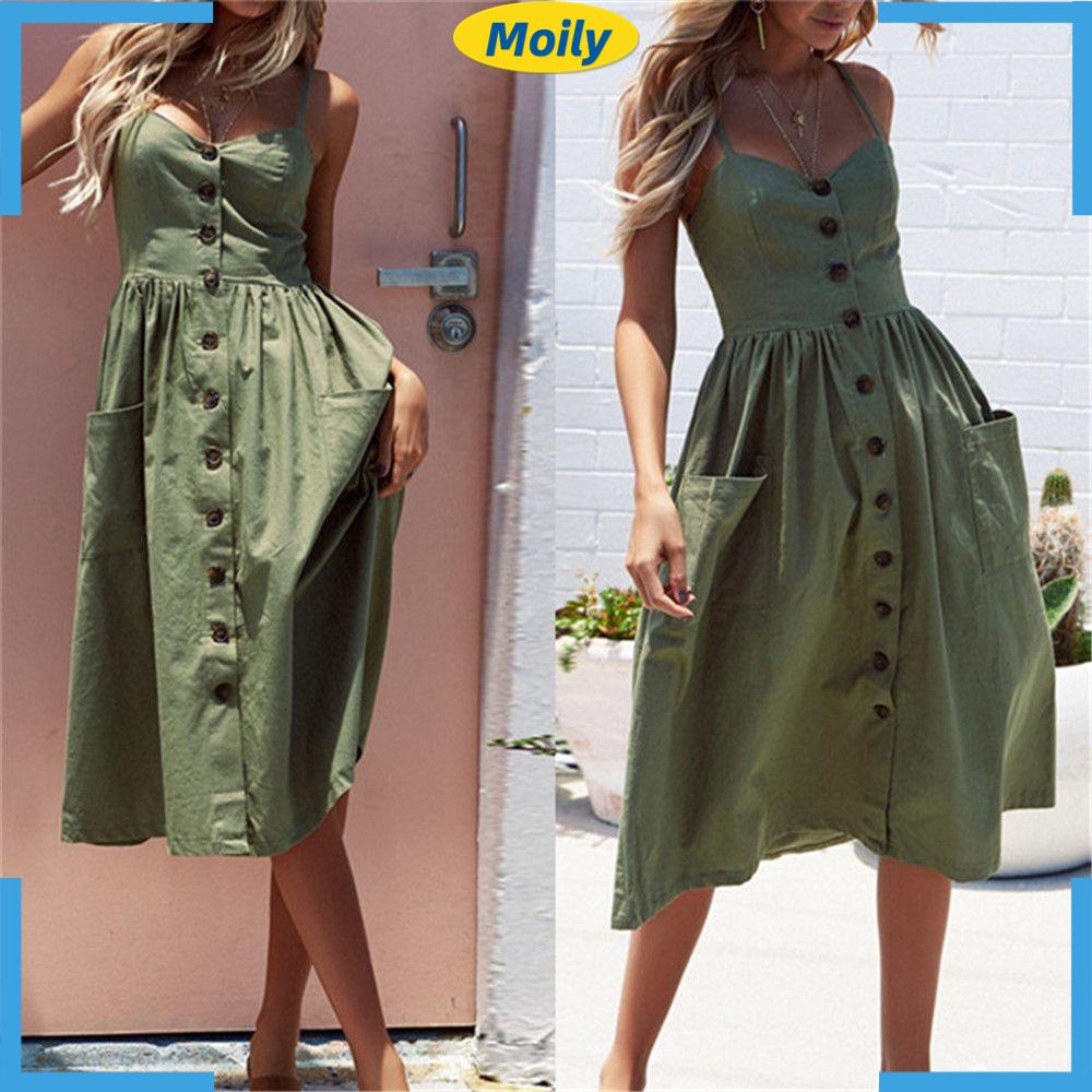 MOILYVN Đầm Xòe Hai Dây Cài Nút Thời Trang Xinh Xắn Cho Nữ