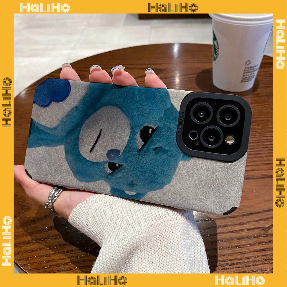 Ốp Lưng iPhone 11 Vỏ Da Veneer Màu Xám Vỏ Lông Học Trò Vỏ Mềm Chống Sốc Hình Gấu Xanh Dễ Thương Tương thích với iPhone 14 Pro max 13 Pro max 12 Pro Max XR XS 6Plus 7Plus 8Plus