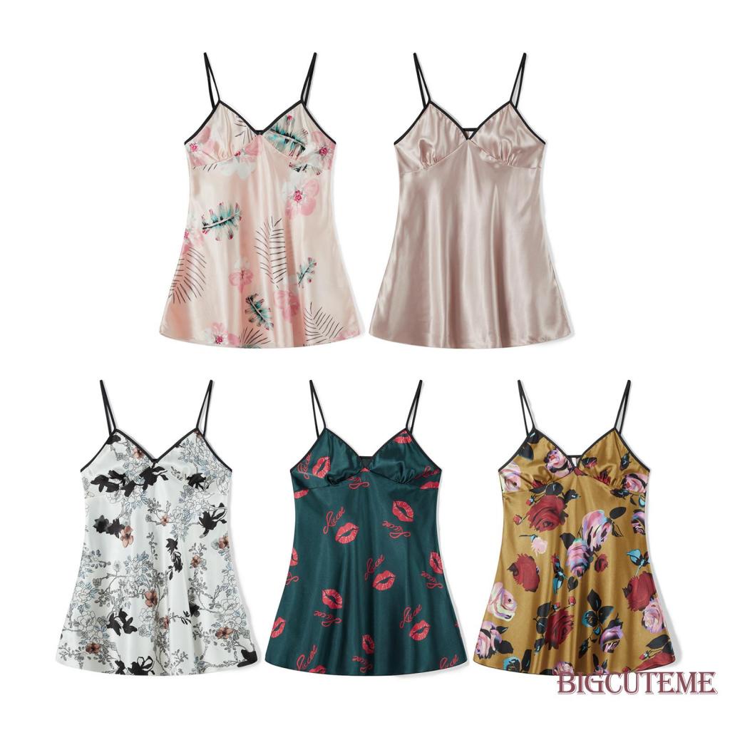 [] - Đầm Ngủ Không Tay Cổ Chữ V Hở Lưng Màu Sắc Tương Phản Mùa Hè Cho Nữ