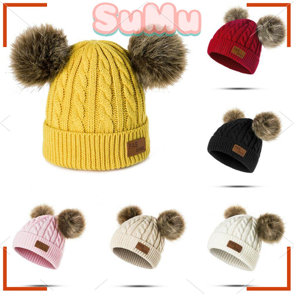 SUMU Mũ beanie Trùm Đầu Đính Quả Bông Cho Bé
