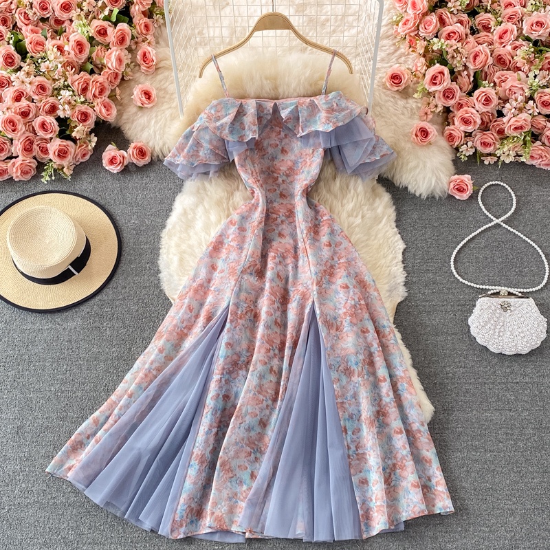 Đầm Trễ Vai Một Dây Phối Lưới Dáng Ôm Thời Trang Đi Biển Cho Nữ