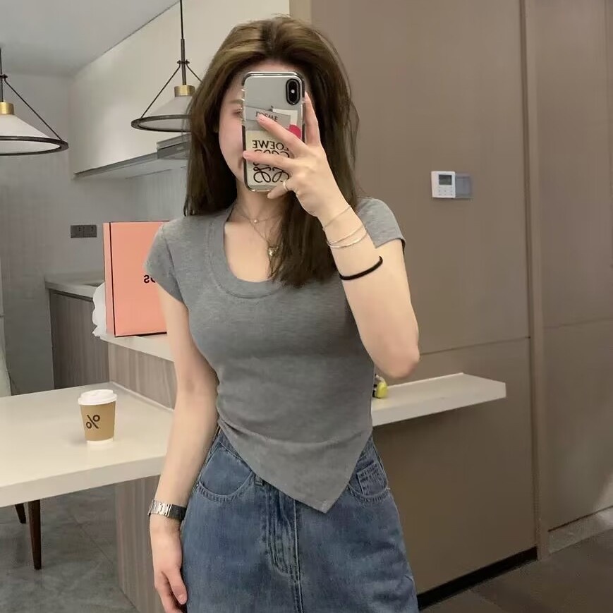 Áo Thun Cotton Tay Ngắn Cổ Chữ U Lệch Tà Thời Trang Mùa Hè Cho Nữ