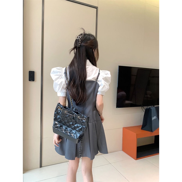 Bộ Áo Sơ Mi Tay Phồng + Đầm Hai Dây Đơn Giản Thời Trang Pháp Mùa Hè Cho Nữ