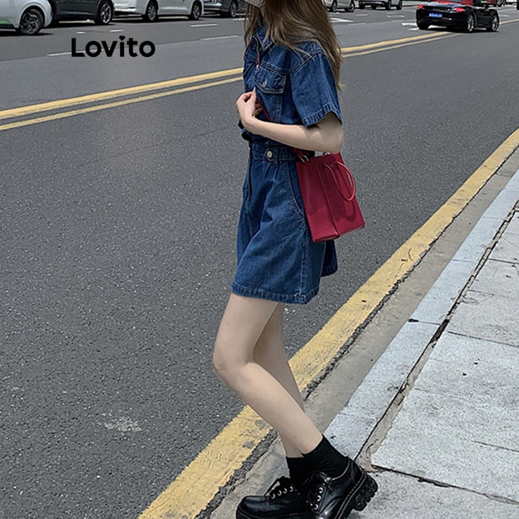 Lovito Đầm denim thô có túi màu trơn giản dị dành cho nữ LNA09006 (Màu xanh da trời)