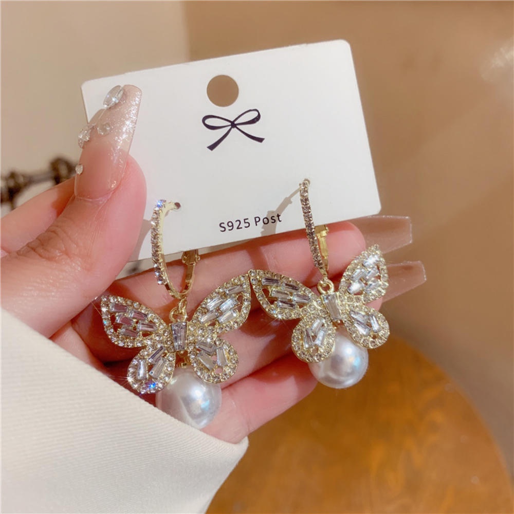 Bông Tai Mạ Bạc Hình Bướm Đính Đá Zircon Ngọc Trai Sang Trọng Phong Cách Âu Mỹ
