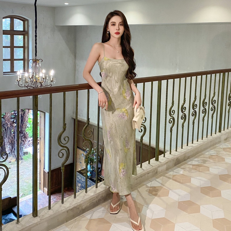 Đầm Hai Dây In Hoa Phong Cách Pháp Thanh Lịch Dễ Phối Đồ Cho Nữ