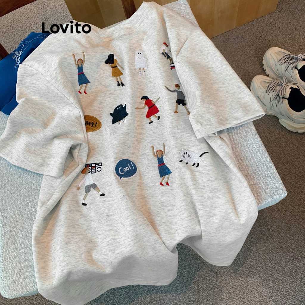 Áo thun Lovito tay ngắn cổ tròn thêu hoạt hình thường ngày cho nữ LNA06194